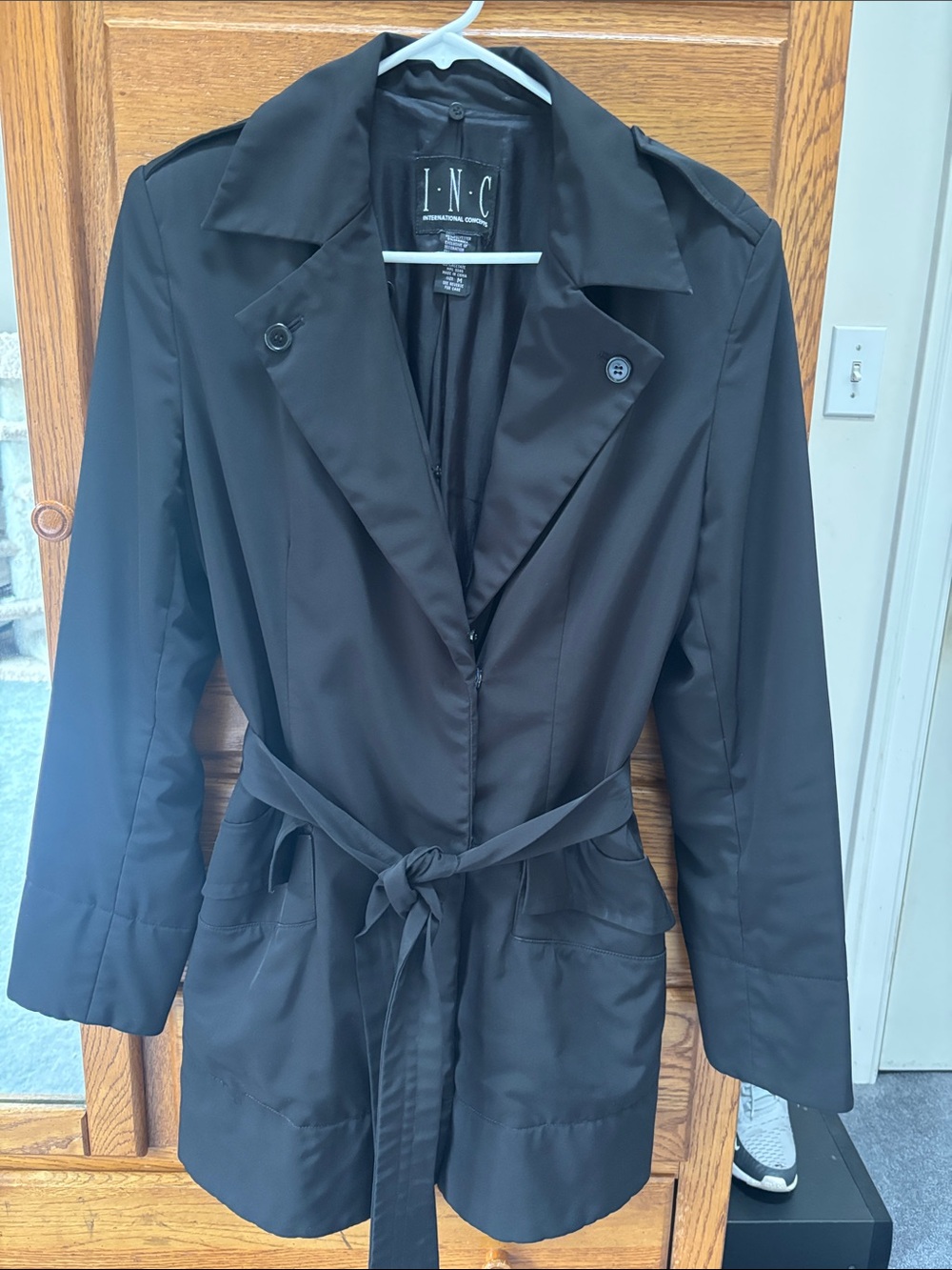 INC International Concepts Black Trench Coat with Waist Tie